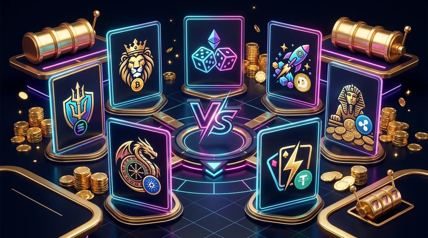 Duel.com alternatives — seven crypto casino logos arranged as glowing arena cards around a versus symbol