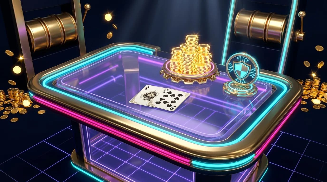 Duel.com in-house Blackjack — neon card table with a dealt blackjack hand, chip stack and provably fair badge