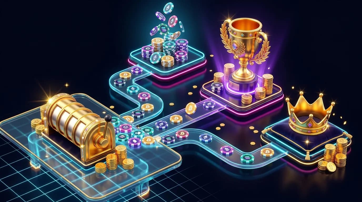 Duel.com bonus structure diagram — crypto chips flowing from a wager into instant rakeback, leaderboard trophy and VIP crown