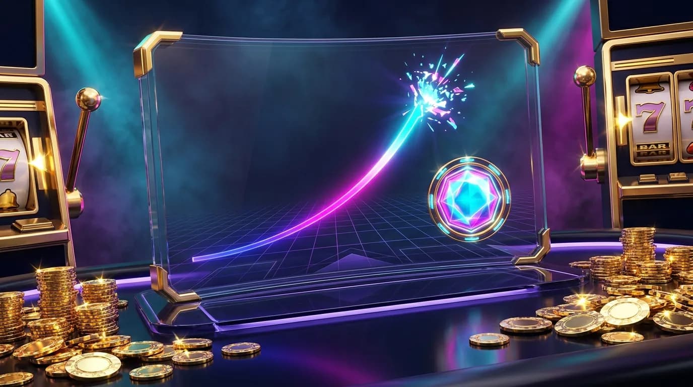Duel.com Crash game — neon multiplier curve rocketing upward on a dark grid before busting, cash-out marker glowing