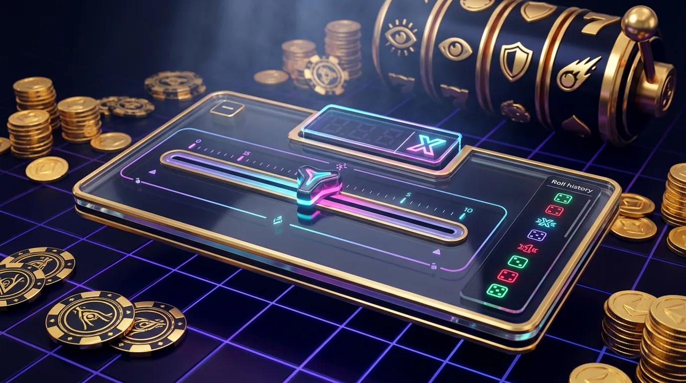 Duel.com Dice interface — neon slider set near 50% win chance with payout multiplier readout and roll history