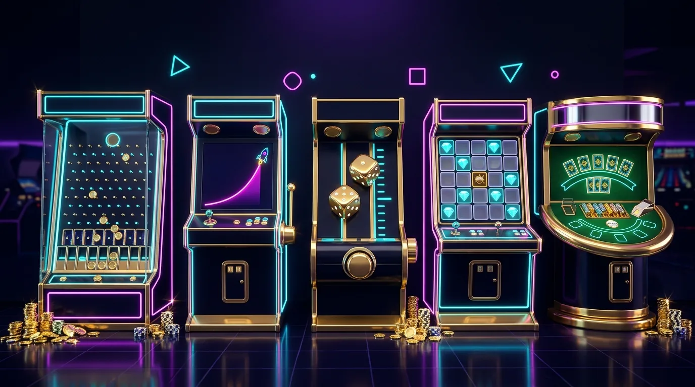 Duel.com Originals lineup — Plinko board, Crash curve, Dice slider, Mines grid and Blackjack table arranged as neon arcade cabinets