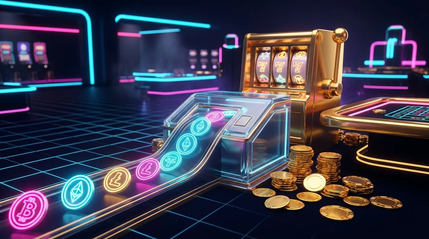 Duel.com payments — neon crypto coins (BTC, ETH, LTC, USDT) flowing through a glowing cashier terminal