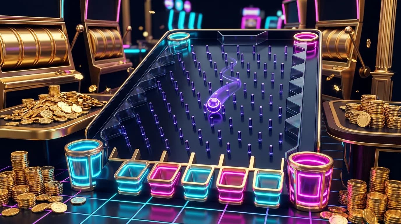 Duel.com Plinko board — neon ball cascading through peg rows toward glowing multiplier buckets, high multipliers at the edges