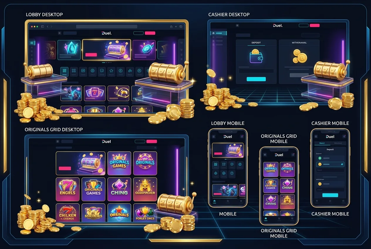 Duel.com review — annotated screenshot montage of the casino lobby, Originals grid and cashier on desktop and mobile