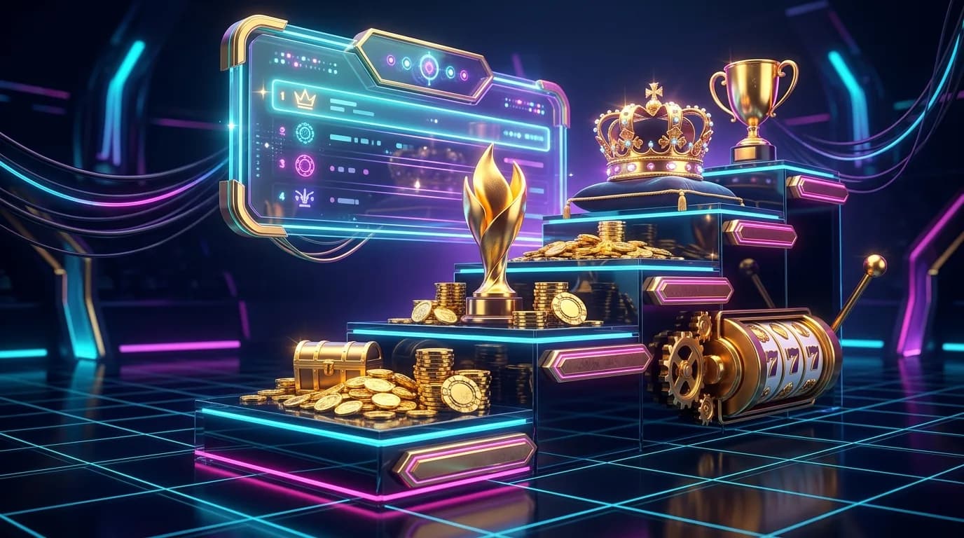 Duel.com VIP program — ascending neon tier podium with trophies, crowns and a glowing leaderboard panel