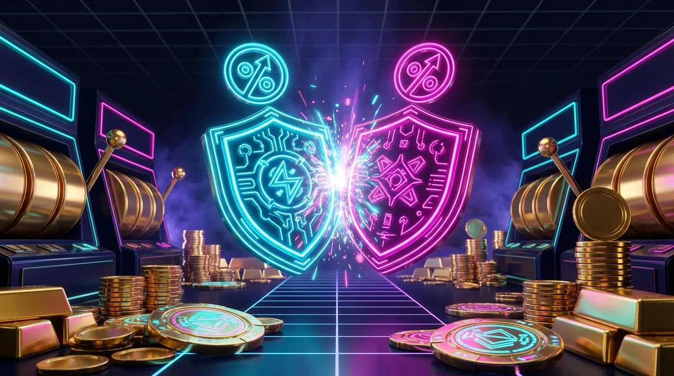 Duel vs Duelbits comparison — twin neon shields with rakeback percentage icons clashing over a dark casino grid