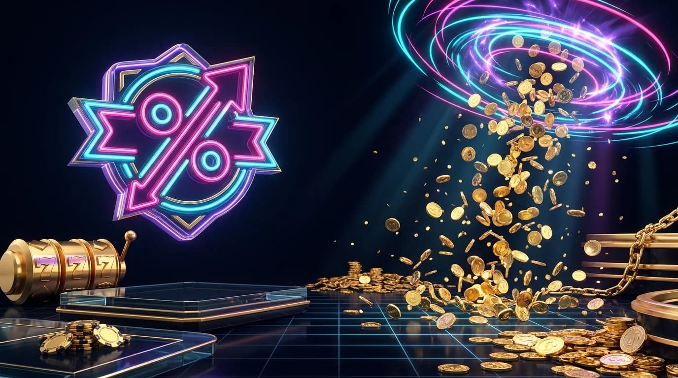 Duel vs Gamdom comparison — neon rakeback badge opposite a community chat storm of coins raining over a dark arena