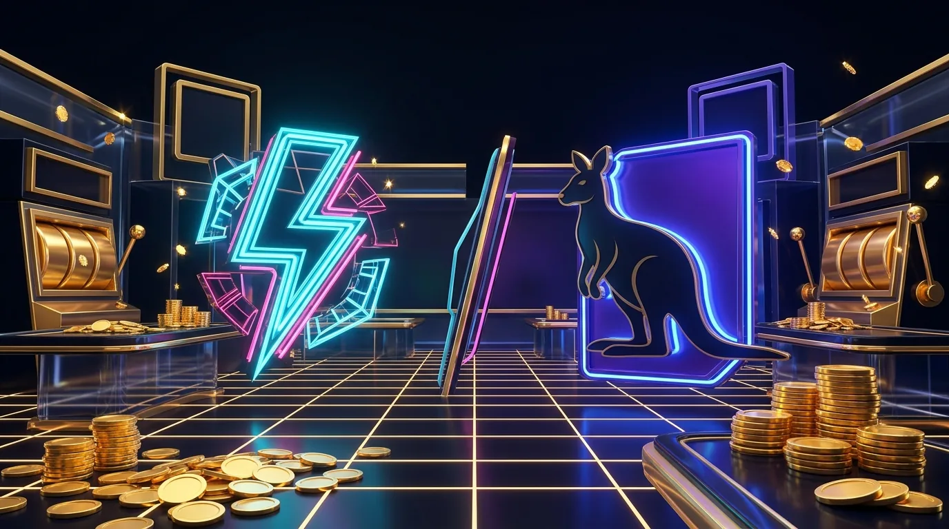 Duel vs Roobet comparison — neon rakeback bolt facing a kangaroo mascot silhouette across a split casino arena