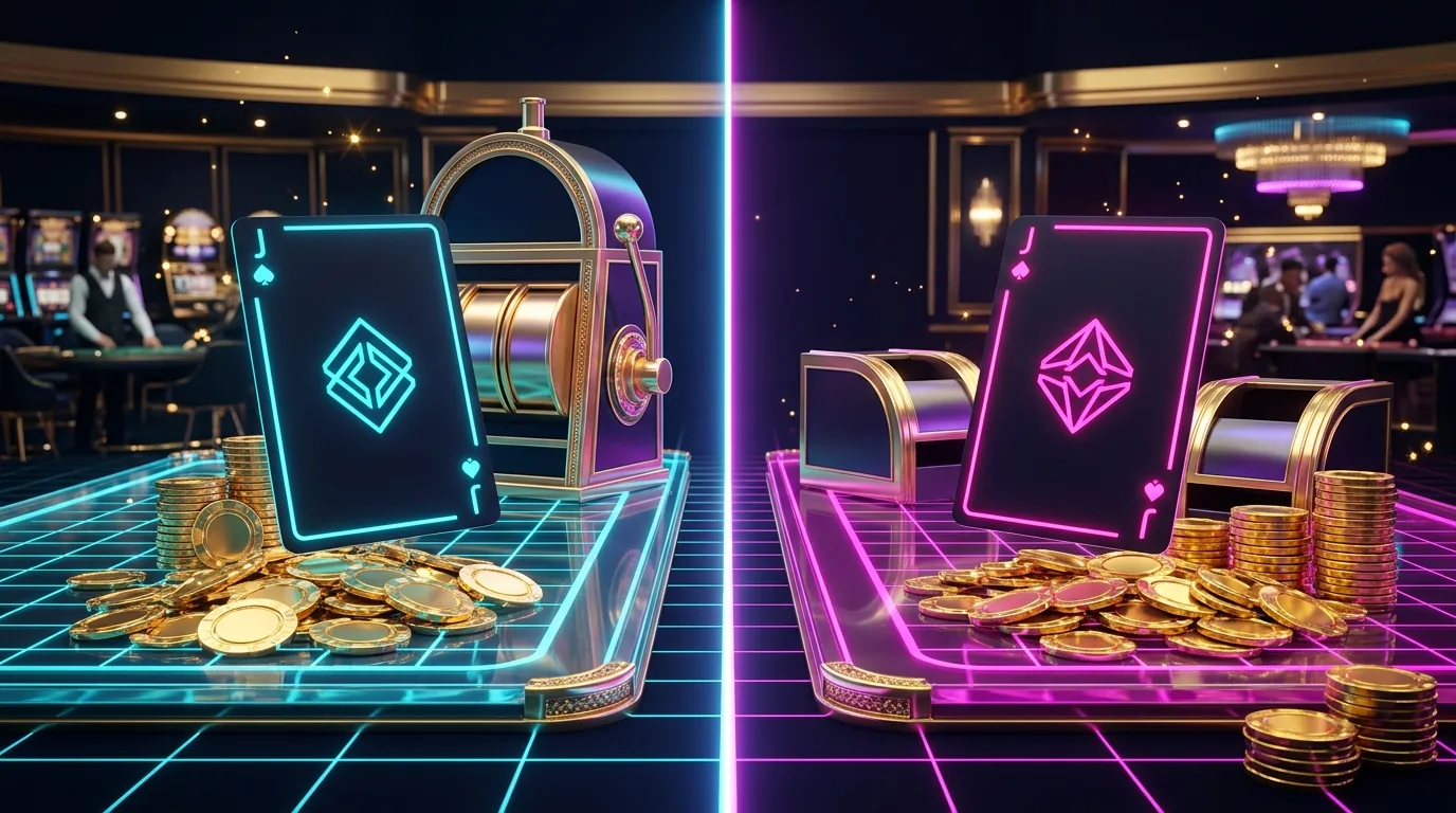 Duel vs Shuffle comparison — two sleek minimalist casino cards mirrored across a neon dividing line