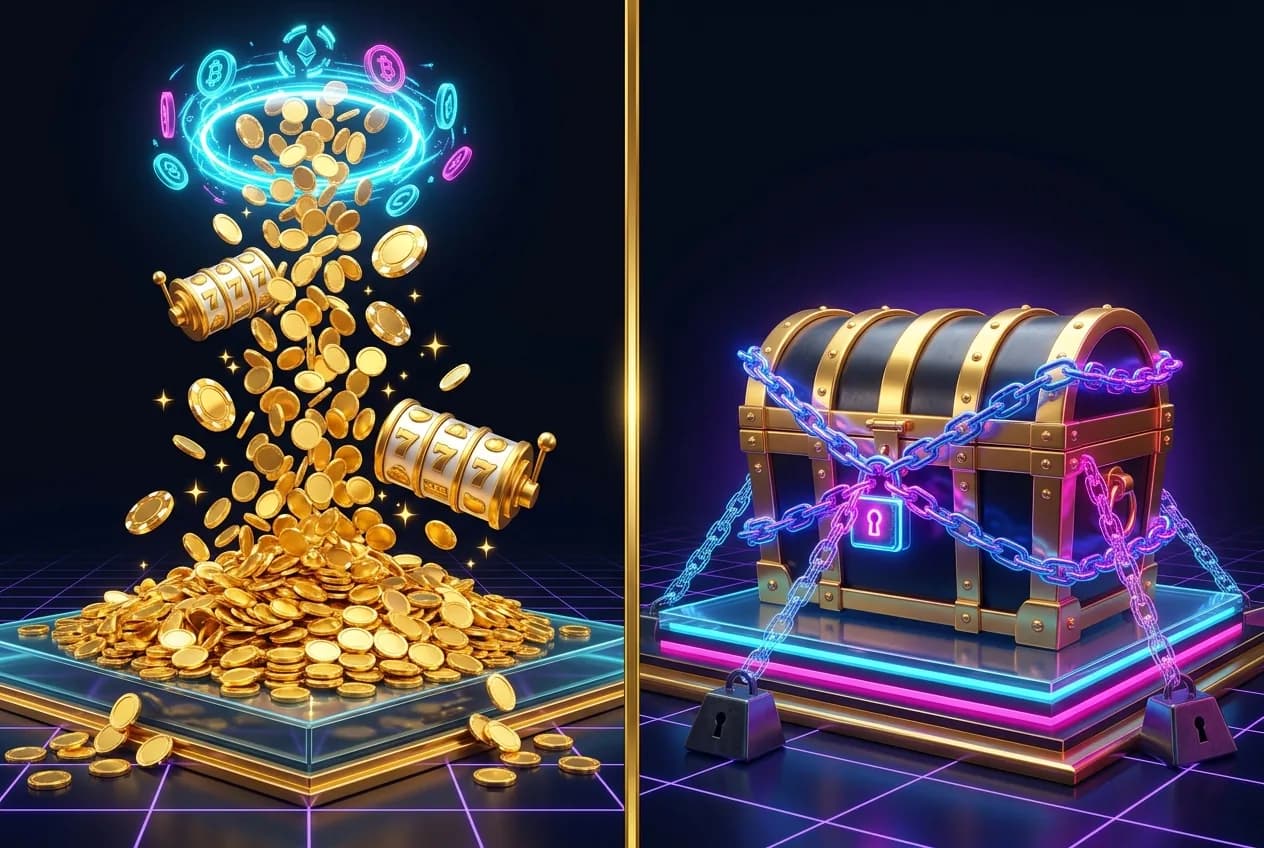 Comparison illustration — instant rakeback coins flowing continuously versus a locked deposit-match bonus chest with wagering chains